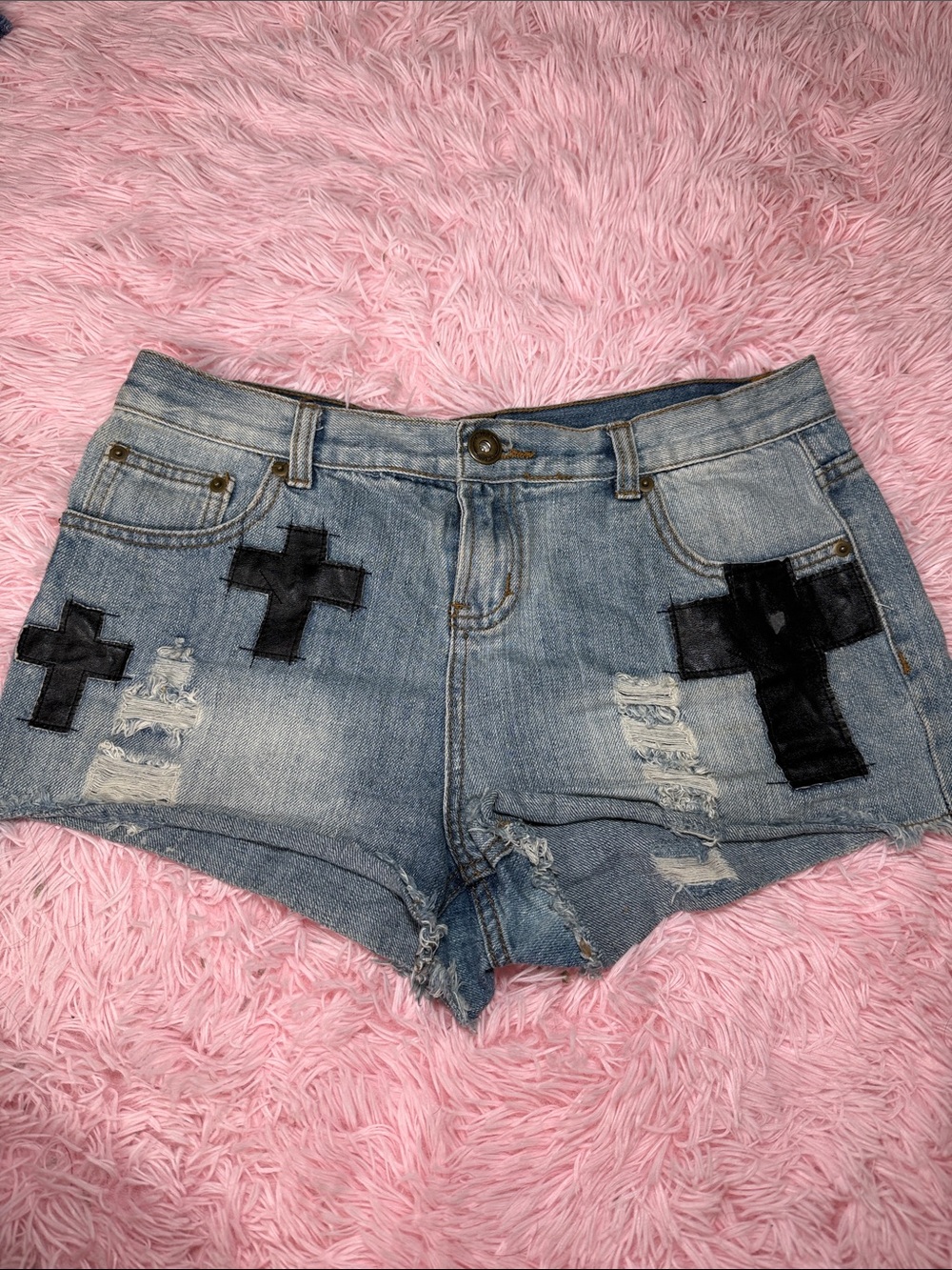 Custom Light Blue Distressed Denim Shorts with Black Cross Accents